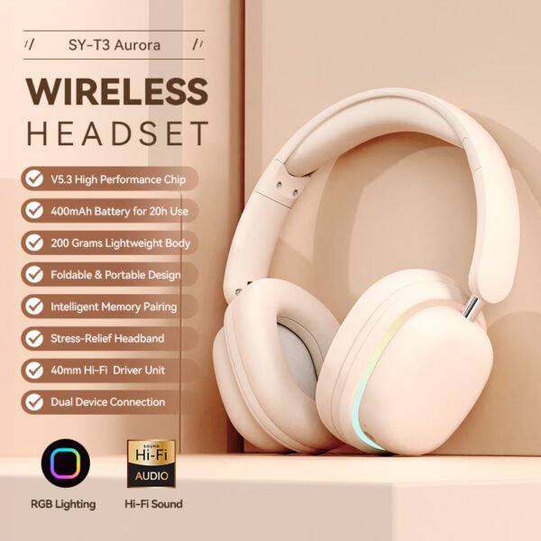 New Products Wireless SY-T3 Aurora Light Wireless Headphones Headsets Bt5.3 with Mic Stereo 40mm Speaker Earphones P9 - 图片 2