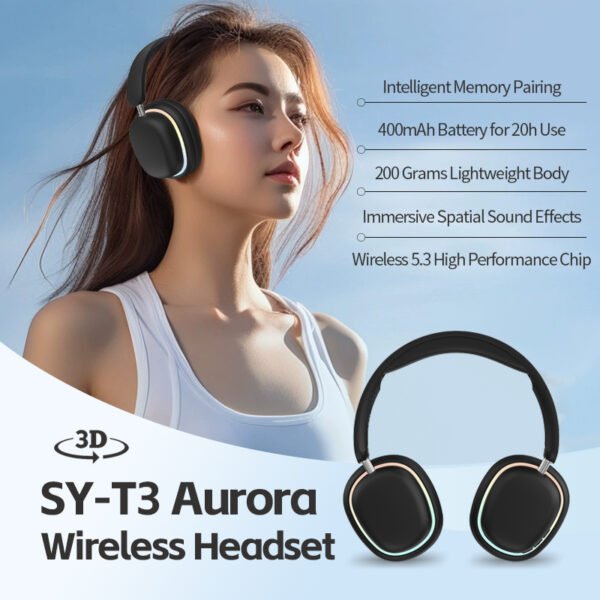 New Products Wireless SY-T3 Aurora Light Wireless Headphones Headsets Bt5.3 with Mic Stereo 40mm Speaker Earphones P9 - 图片 3