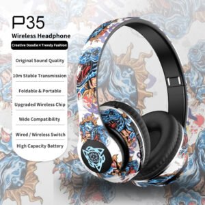 P35 Painting Wireless Headphone Graffiti Gaming Headset Stereo Over-Ear Headphones BT Type LED Headphones With Microphones